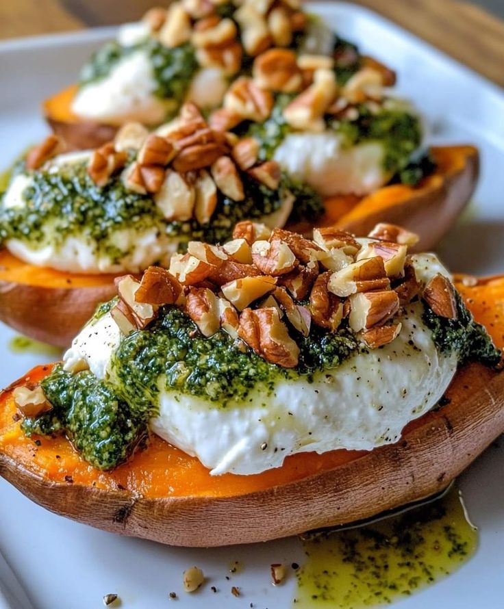 Sweet Potatoes Stuffed with Burrata, Toasted Walnuts and Sage Pesto