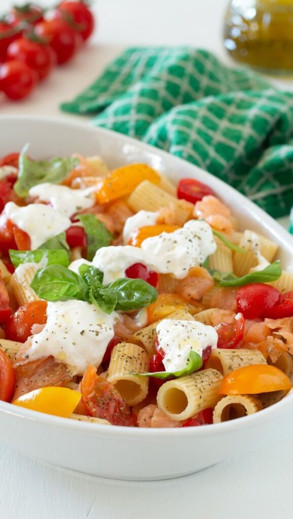 Pasta with Cream of Peppers, Stracciatella and Fried Basilc