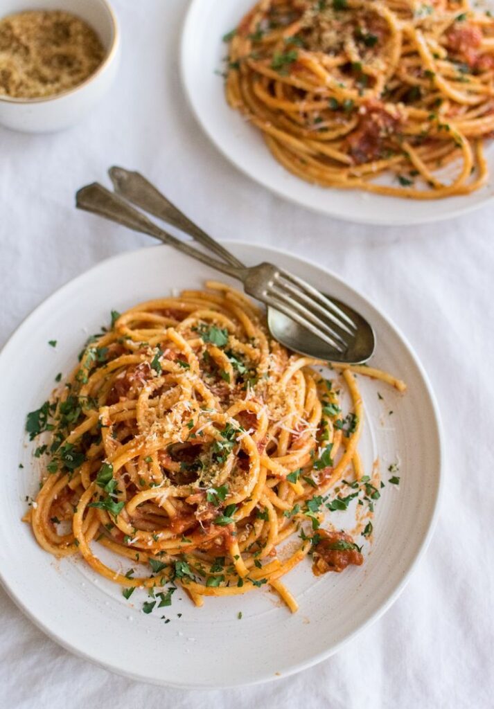 Bucatini with Dried Tomatoes, Anchovies and Breadcrumbs