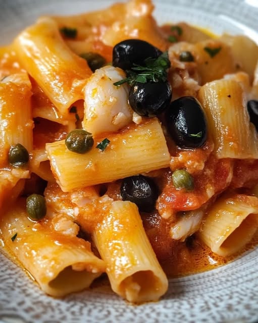 Paccheri with Cod, Black Olives and Capers