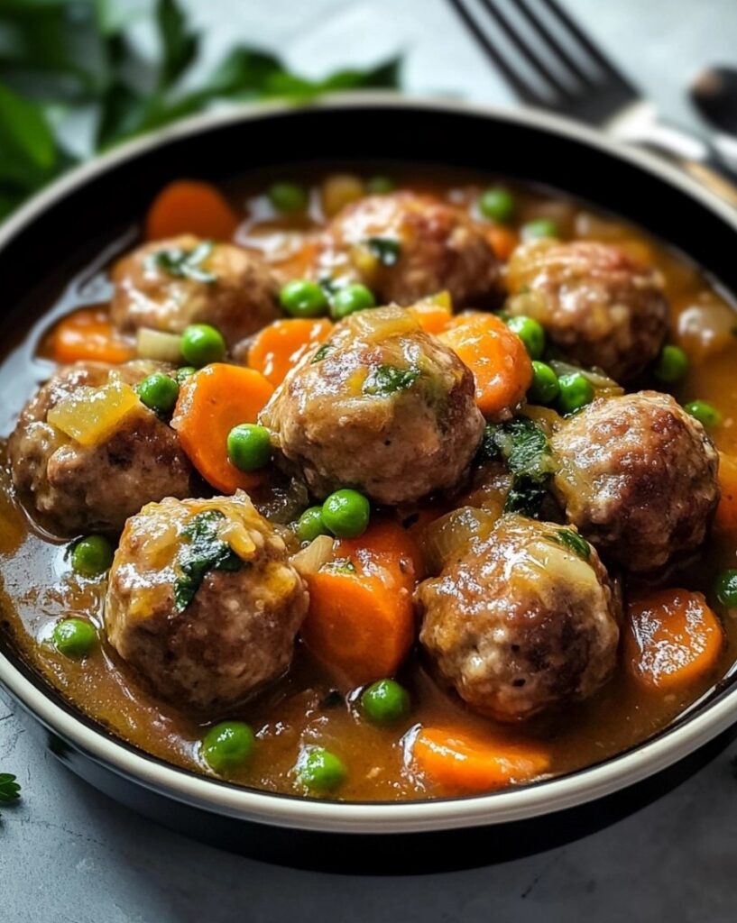 Stewed meatballs with carrots and peas are the perfect comfort food for a family dinner!