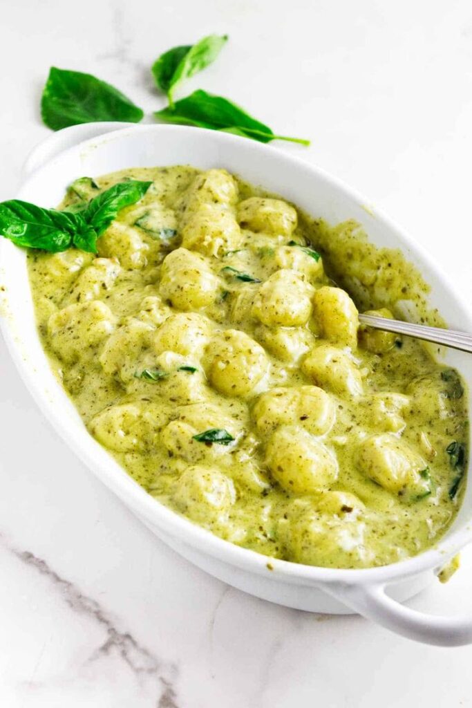 Potato Gnocchi with Speck Cream and Robiola Cheese with Pesto