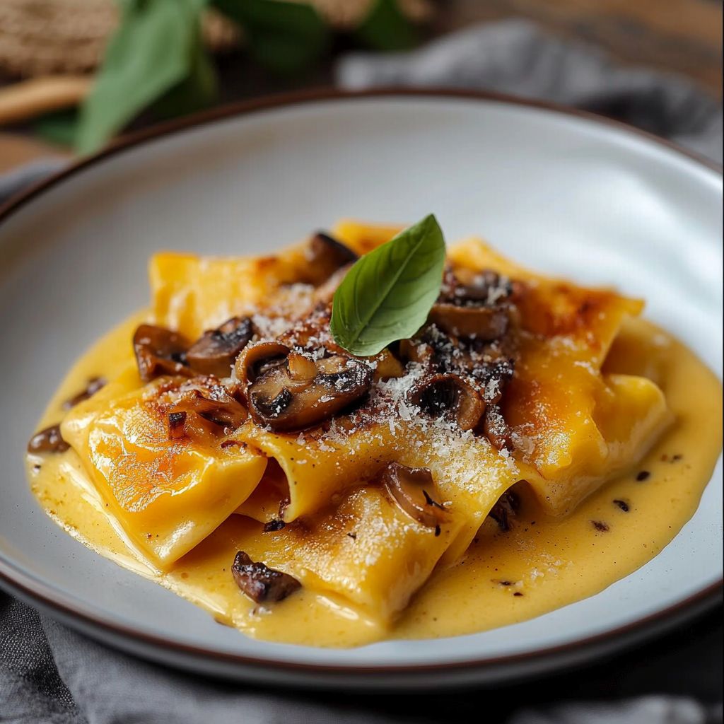 Calamarata with Pumpkin Cream, Mushrooms and Walnuts