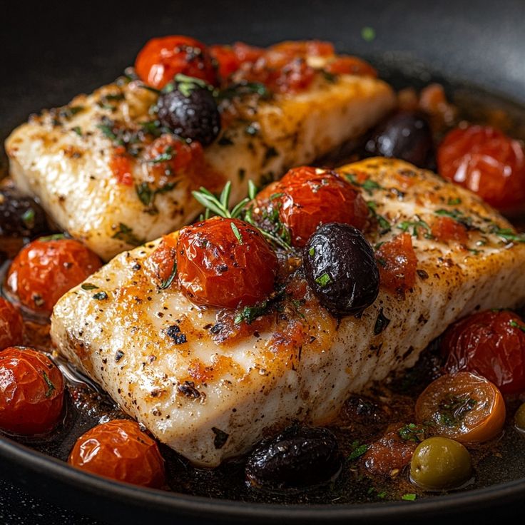 Cod with black olives, onion and cherry tomatoes