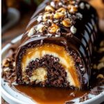 Chocolate and caramel turtle cake roll
