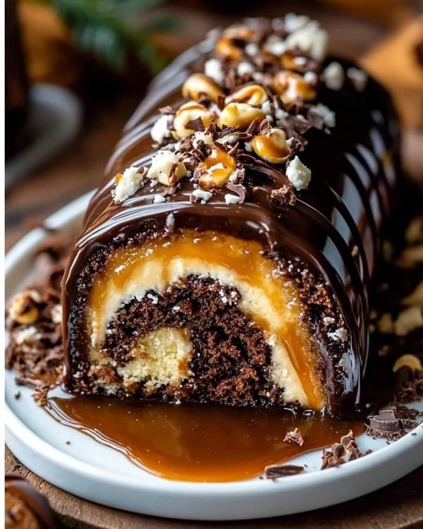 Chocolate and caramel turtle cake roll